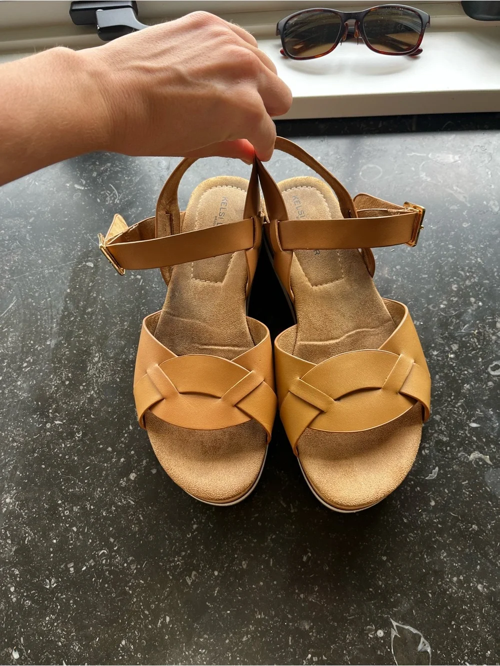 Kelsi Dagger Platform Sandals — Cognac Brown and White Striped Sole